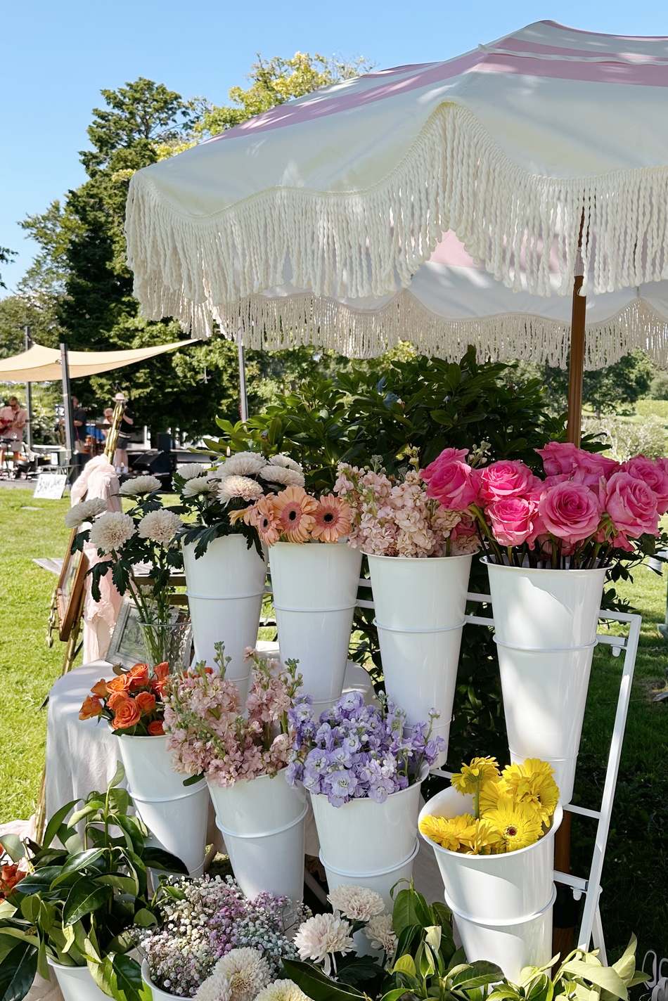 The Sunday Blooms cart under its pink-striped fringe umbrella, stocked with roses, gerberas, and stock